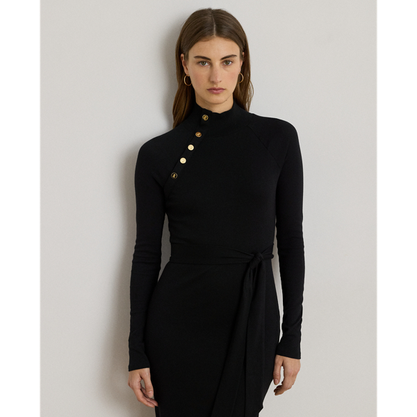 Button-Trim Rib-Knit Mockneck Dress - thumbnail 3