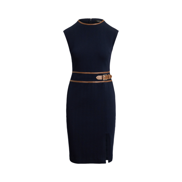 Buckle-Trim Herringbone Cap-Sleeve Dress