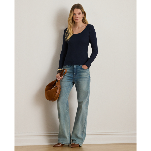 Lauren Navy Long-Sleeved Scoopneck Rib-Knit Tee Lauren 4