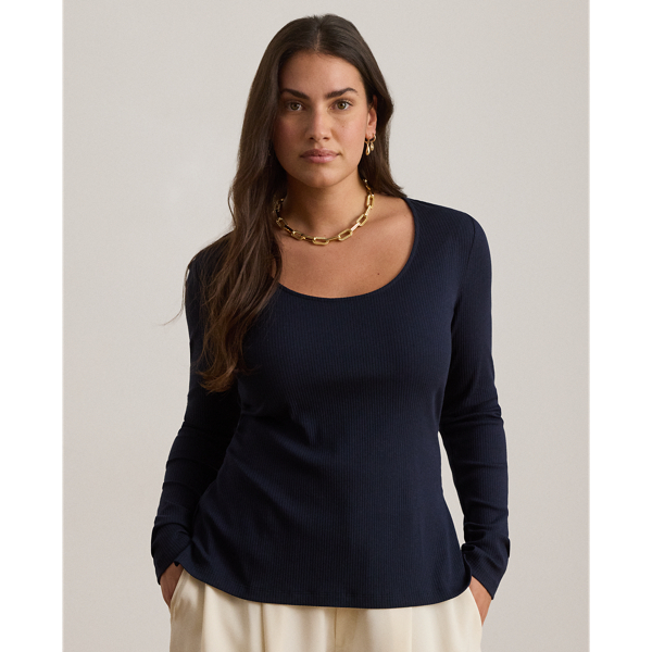 Lauren Navy Long-Sleeved Scoopneck Rib-Knit Tee Lauren 7