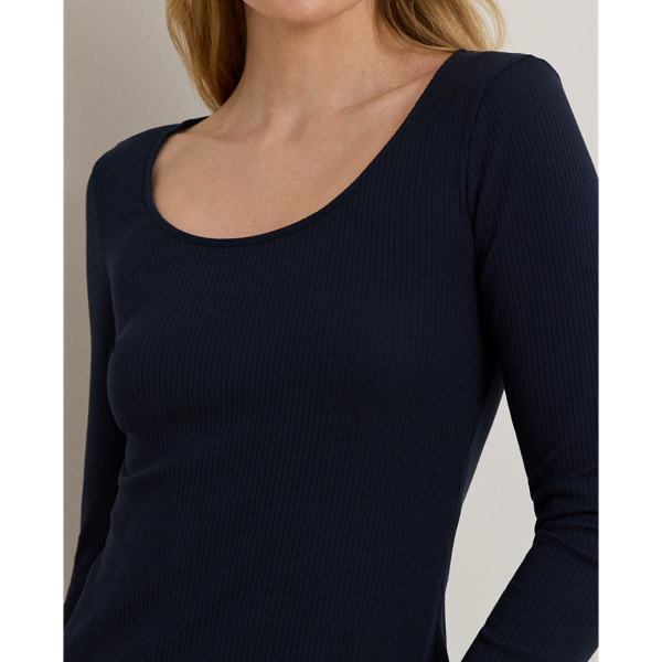 Lauren Navy Long-Sleeved Scoopneck Rib-Knit Tee Lauren 6