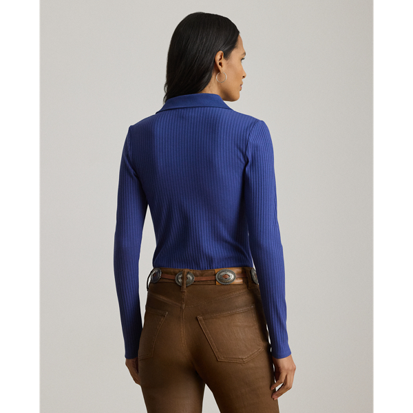 Rib-Knit Long-Sleeve Polo Top