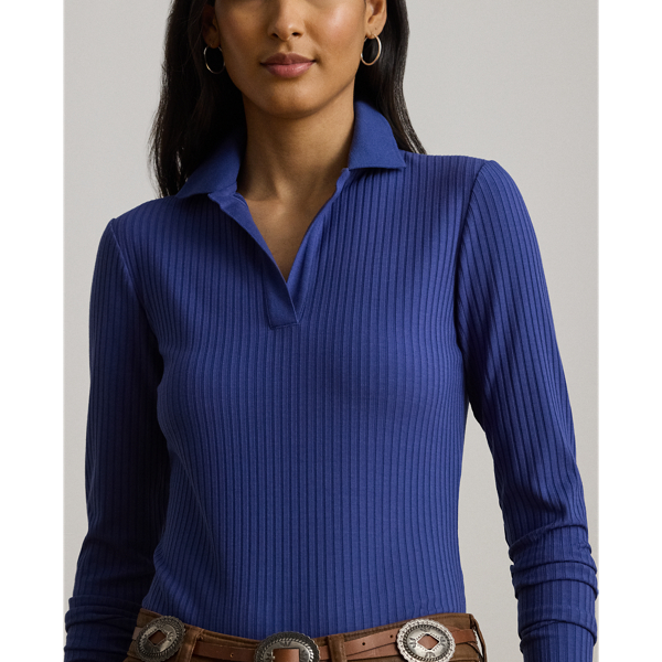 Rib-Knit Long-Sleeve Polo Top