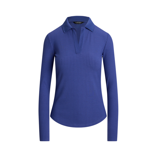 Rib-Knit Long-Sleeve Polo Top