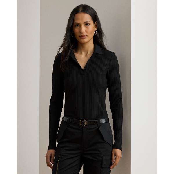 Rib-Knit Long-Sleeve Polo Top