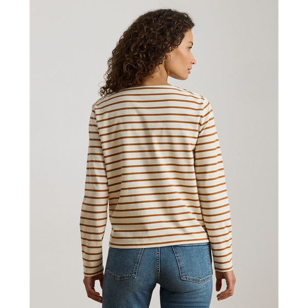 Striped Jersey Snap-Trim Boatneck Top