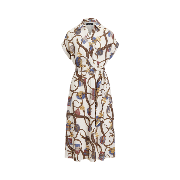 Belting-Print Belted Crepe Dress