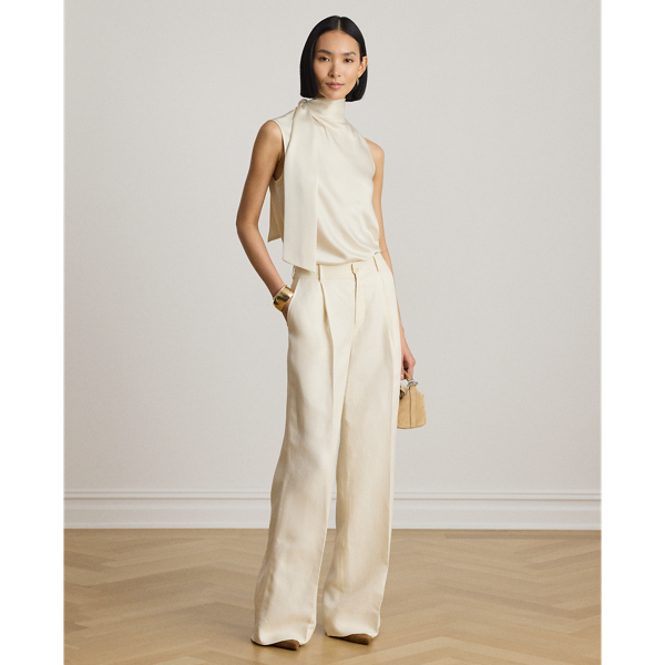 Tie-Neck Charmeuse Sleeveless Blouse