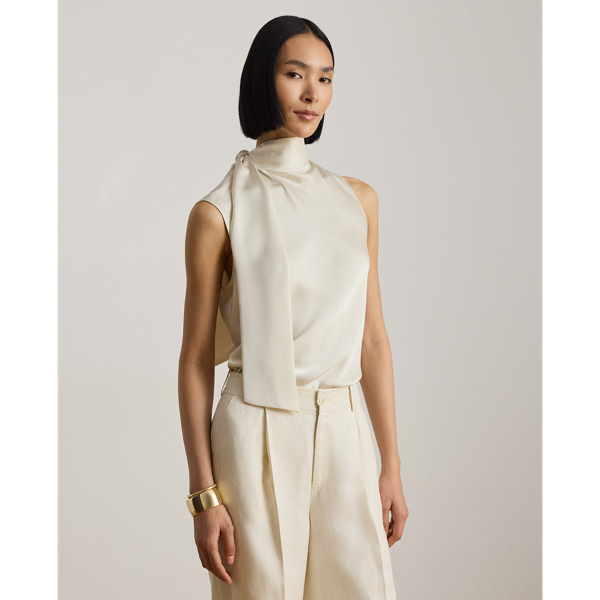 Tie-Neck Charmeuse Sleeveless Blouse