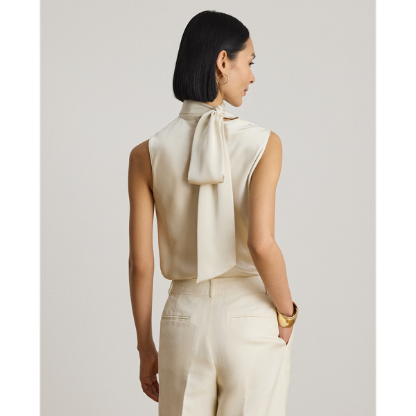 Tie-Neck Charmeuse Sleeveless Blouse
