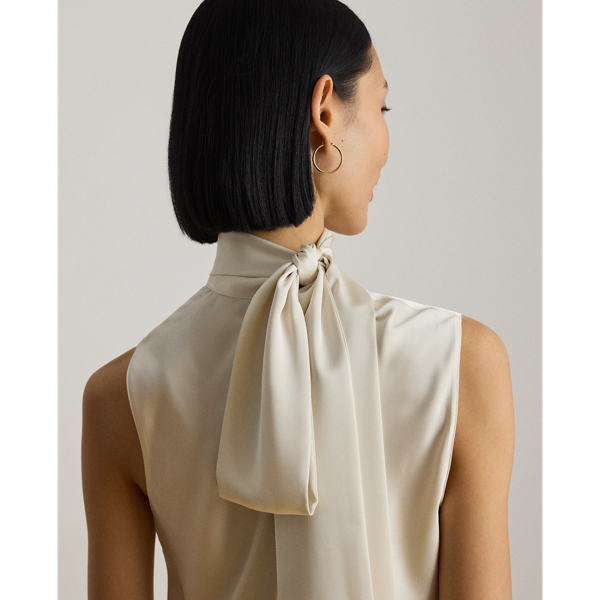 Tie-Neck Charmeuse Sleeveless Blouse