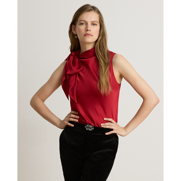 Mouwloze charmeuse blouse met strikhals