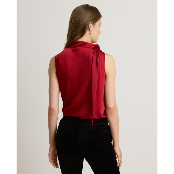 Mouwloze charmeuse blouse met strikhals