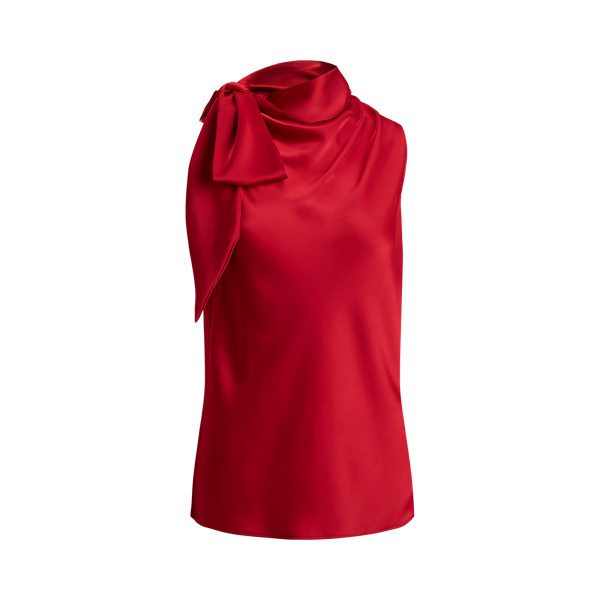 Mouwloze charmeuse blouse met strikhals