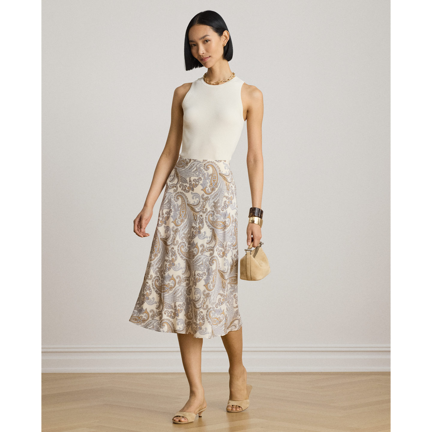 Женская юбка Lauren Ralph Lauren Paisley Crepe Midi, цвет: Кремовый разноцветный — фото 5