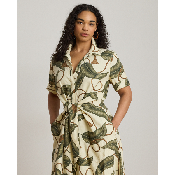 Cream Multi Rope-Print Tie-Front Linen Shirtdress Lauren 9