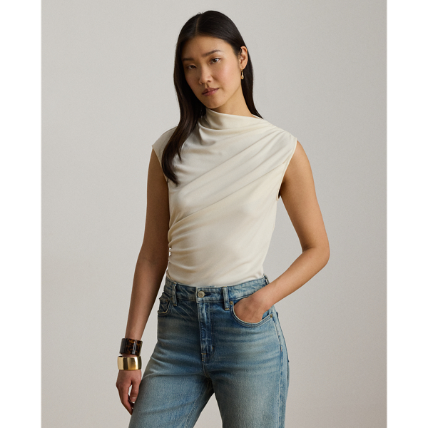 Mascarpone Cream Shirred Stretch Jersey Mockneck Top Lauren 1