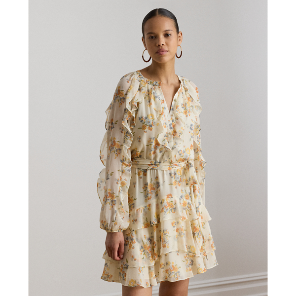 Cream Multi Floral Ruffle-Trim Tiered Dress Lauren 4