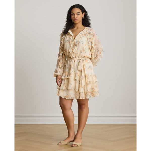 Cream Multi Floral Ruffle-Trim Tiered Dress Lauren 8