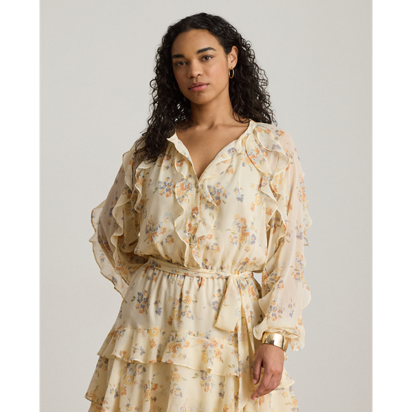 Cream Multi Floral Ruffle-Trim Tiered Dress Lauren 9