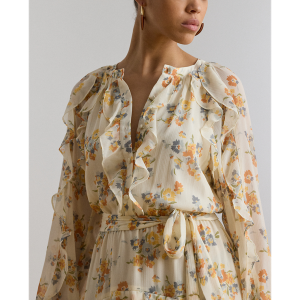 Cream Multi Floral Ruffle-Trim Tiered Dress Lauren 6