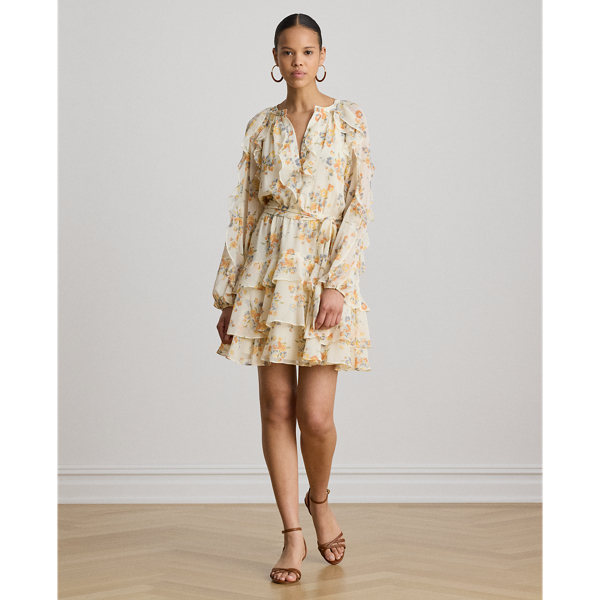 Cream Multi Floral Ruffle-Trim Tiered Dress Lauren 7