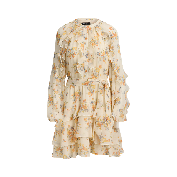 Cream Multi Floral Ruffle-Trim Tiered Dress Lauren 2