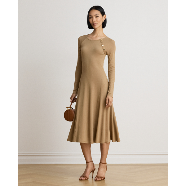 Lauren Camel Button-Trim Ribbed Cotton-Blend Dress Lauren 1