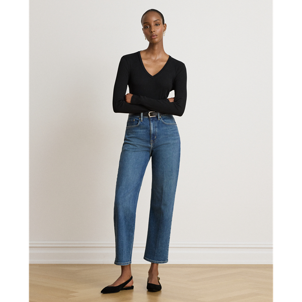 Black Rib-Knit Long-Sleeve V-Neck Top Lauren 4