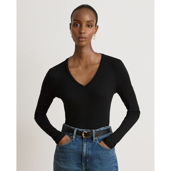 Black Rib-Knit Long-Sleeve V-Neck Top Lauren 1