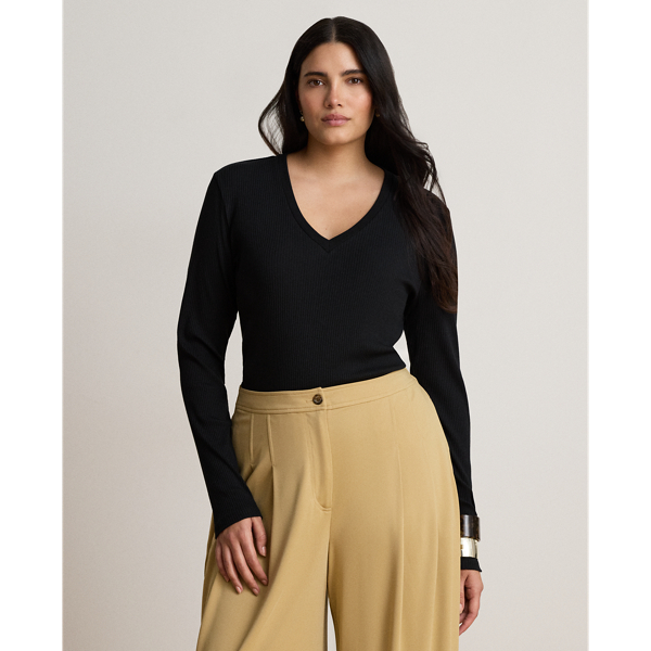 Black Rib-Knit Long-Sleeve V-Neck Top Lauren 7