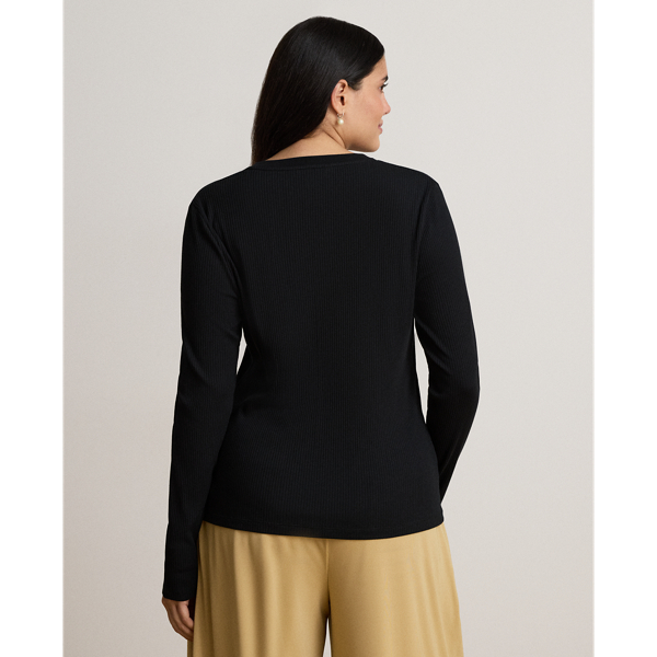 Black Rib-Knit Long-Sleeve V-Neck Top Lauren 9