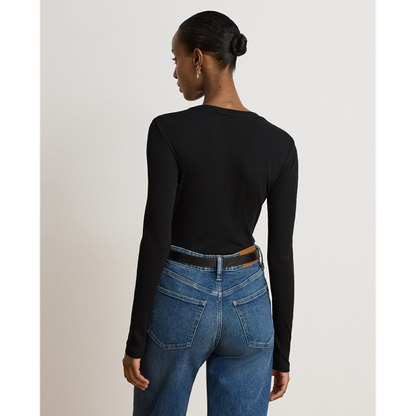 Black Rib-Knit Long-Sleeve V-Neck Top Lauren 5