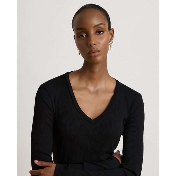 Black Rib-Knit Long-Sleeve V-Neck Top Lauren 6