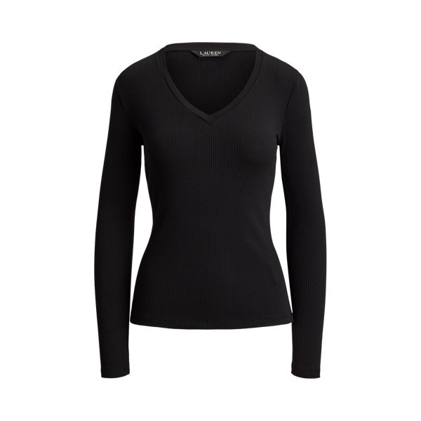 Black Rib-Knit Long-Sleeve V-Neck Top Lauren 2