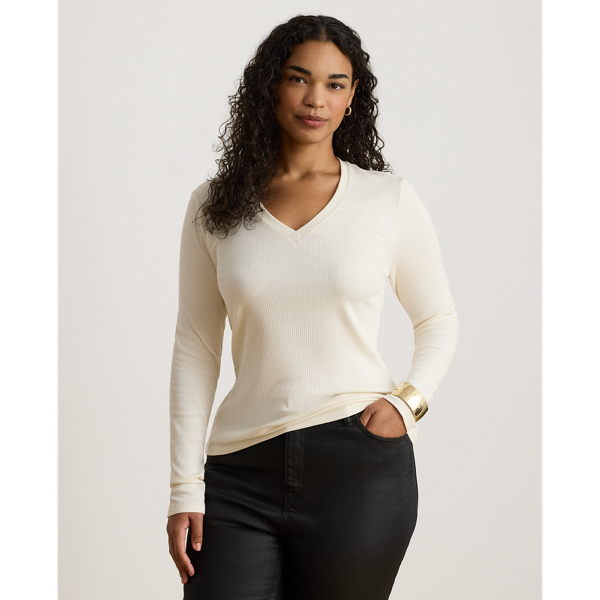 Mascarpone Cream Rib-Knit Long-Sleeve V-Neck Top Lauren 8