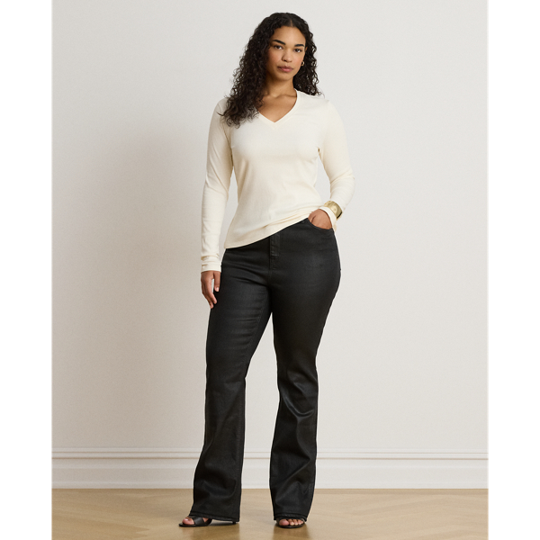 Mascarpone Cream Rib-Knit Long-Sleeve V-Neck Top Lauren 9