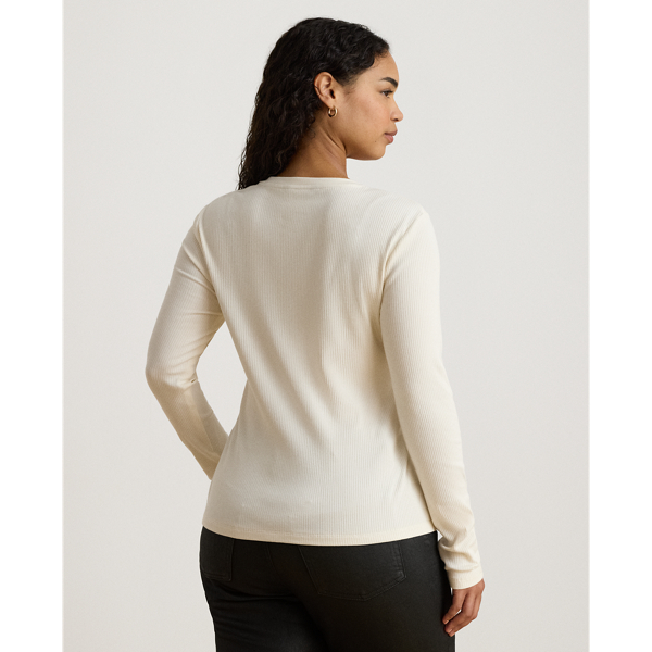 Mascarpone Cream Rib-Knit Long-Sleeve V-Neck Top Lauren 10