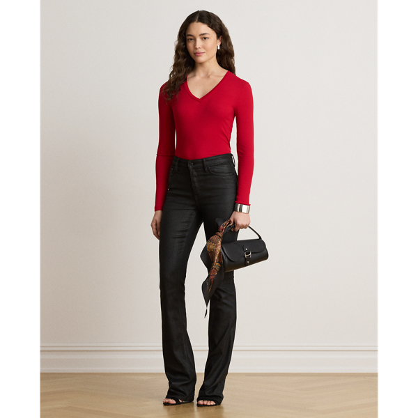 Rib-Knit Long-Sleeve V-Neck Top