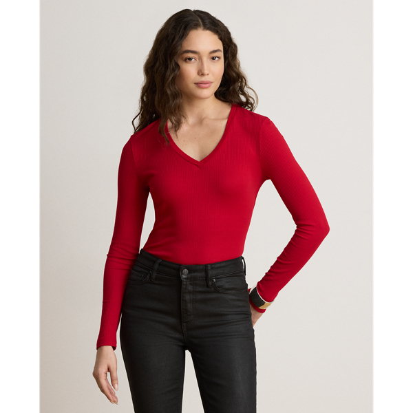 Rib-Knit Long-Sleeve V-Neck Top