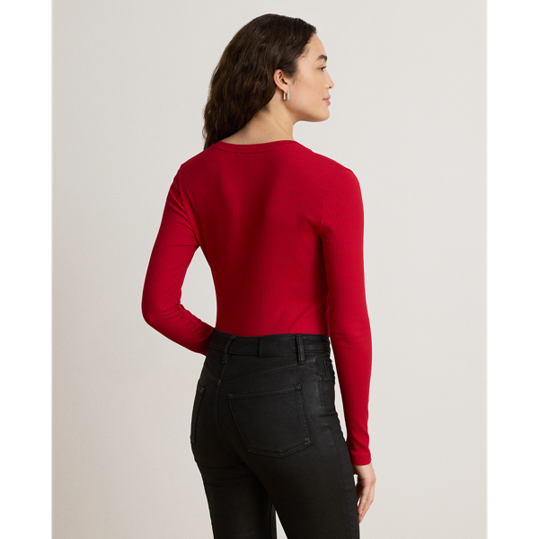 Rib-Knit Long-Sleeve V-Neck Top