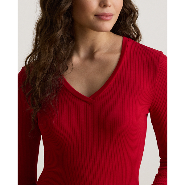 Rib-Knit Long-Sleeve V-Neck Top