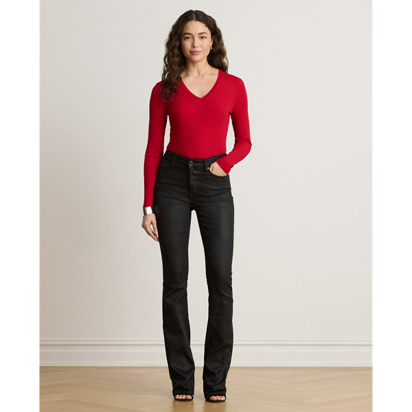 Rib-Knit Long-Sleeve V-Neck Top