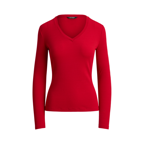 Rib-Knit Long-Sleeve V-Neck Top