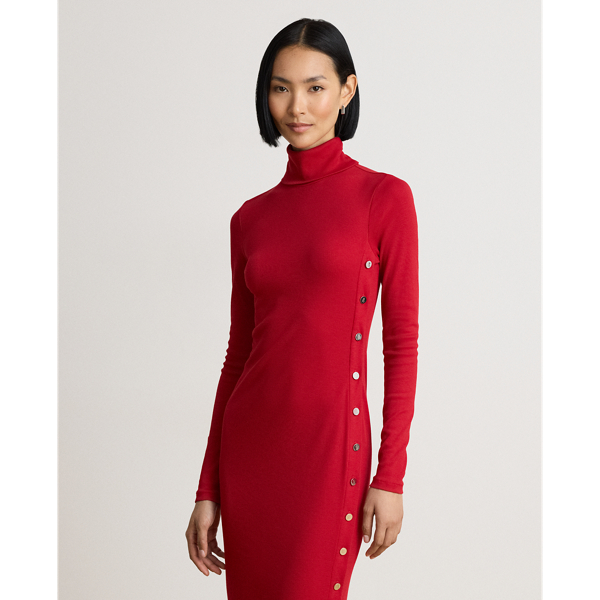 Button-Trim Rib-Knit Turtleneck Dress