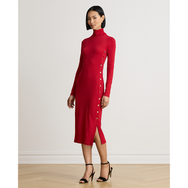 Button-Trim Rib-Knit Turtleneck Dress