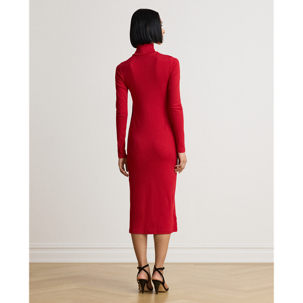 Button-Trim Rib-Knit Turtleneck Dress