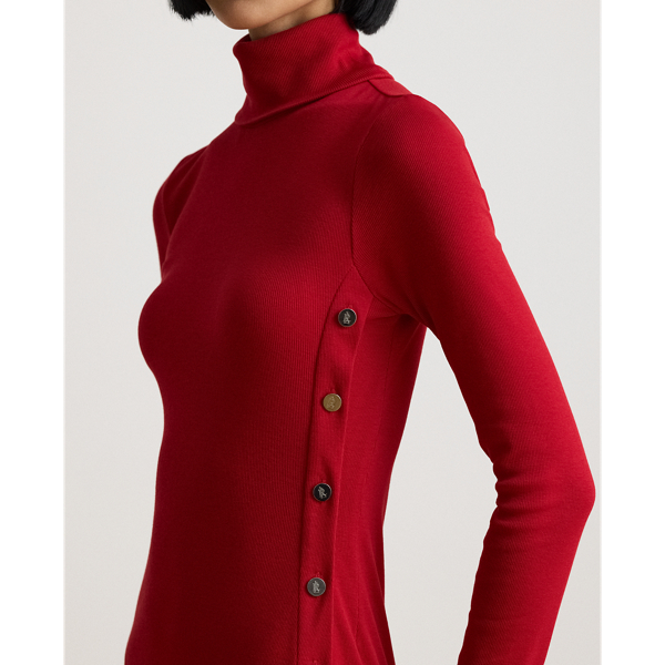 Button-Trim Rib-Knit Turtleneck Dress