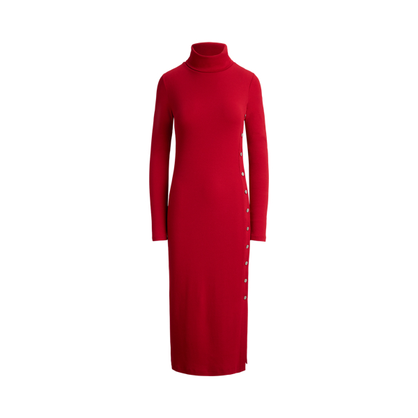 Button-Trim Rib-Knit Turtleneck Dress