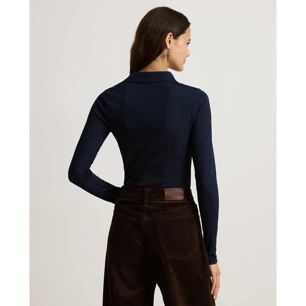 Lauren Navy Rib-Knit Long-Sleeve Polo Shirt Lauren 5